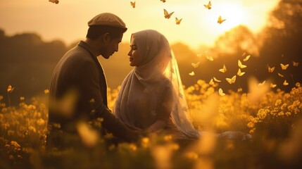 Muslim Couple Being Affectionate Together in the Field in the Afternoon With Butterfly