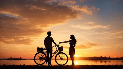 Obraz na płótnie Canvas Silhouette of sweet couple in love happy time and bicycle in beautiful sunset
