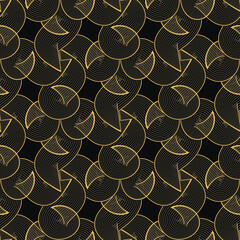 Gold lines spirals abstract seamless pattern. Modern ornamental beautiful vector background. Line art abstract swirls and spiral shapes. Golden ornate ornaments on black background. Endless texture