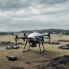 Fototapeta na wymiar A Combat drone closely observing a battlefield