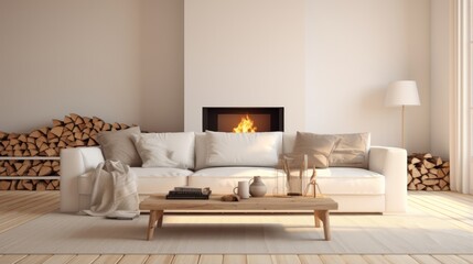 A cozy living room with a white couch and a warm fireplace