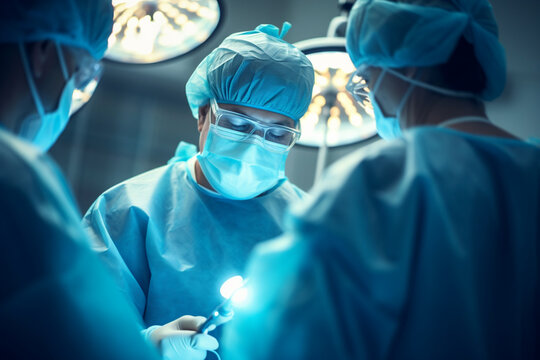 Surgeons will perform the operation. Professional doctors performing surgeries. Medical team performing a surgical operation in a bright modern operating room
