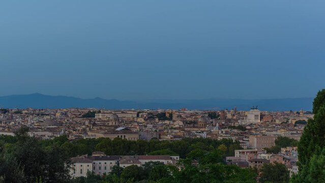 Panoramic view from day to night, timelapse of the historic center of Rome, Italy.  Urban landscape view from Gianicolo