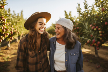 Grandmother and granddaughter visit an apple orchard, rejoice in picking apples in the garden, fresh air and fresh fruits.	
