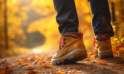 Close-up of male legs, man walking in autumn forest, Friendly Fall Activities, Go on a nature hike, relax and recharge concept