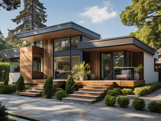 Fototapeta premium Modern small minimalist cubic house with big windows, terrace and landscaping design front yard. Residential architecture exterior in forest