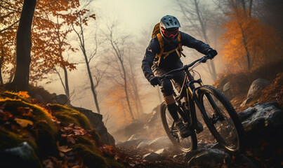 Mountain biker rides in sun autumn forest, Silhouette of biker.