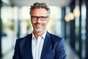 Smiling Middle-Aged Banker and CEO in Office, older mature entrepreneur wearing glasses, headshot portrait, mid adult professional businessman ceo executive in office - obrazy, fototapety, plakaty