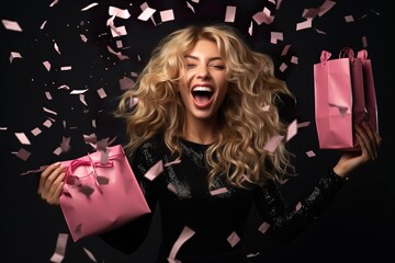 Cheerful woman is happy with successful shopping at black friday sale in mall