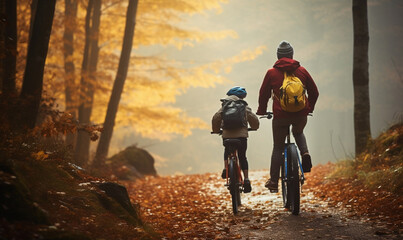 Happy family rides a bicycle sunny autumn forest