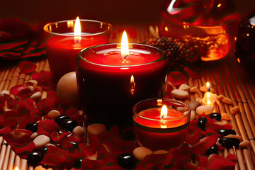 Red Spa Table with Red, Lit Candles, Red Rose Petals and Pebbles, background