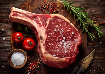 Tomahawk raw beef with rosemary,pepper,salt and tomatoes on chopping board.Top view.AI Generative