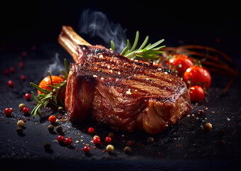 Tomahawk grilled beef steak with rosemary and tomatoes on black.Macro.AI Generative