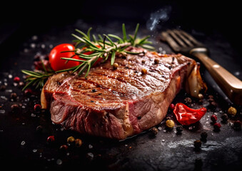 Tomahawk grilled beef steak with rosemary and tomatoes on black.Macro.AI Generative - obrazy, fototapety, plakaty