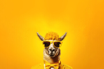 Fototapeta premium trendy llama in sunglasses over yellow background. Generative Ai