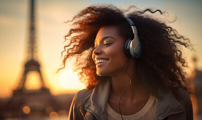 Happy black woman with headphones travel in Paris, Cheerful Female near Eiffel Tower, Travel to Europe, Famous popular tourist place in world. - obrazy, fototapety, plakaty