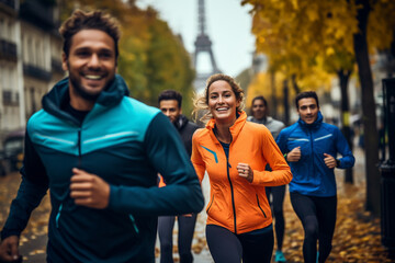 Obraz premium Group people in sportswear, women's and men's running at Paris city in splashes rain. 