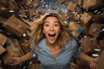 An exciting woman surrounded by shipping boxes and bags. Hot sale shopping concept