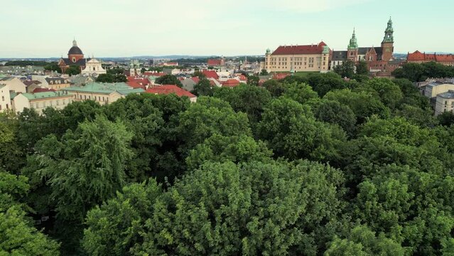 Aerial drone view of Krakow main market square. Main Market square or Rynek Glowny with a Town Hall. Cracow old city with historic churches. 