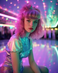 Fototapeta premium A magenta-haired girl radiates retro-futuristic disco vibes as she sits amidst a glittering party of light and clothing