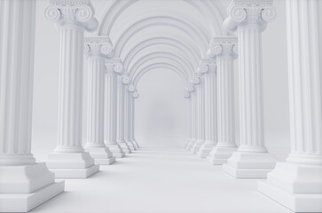 Empty white corridor with columns. Minimal 3d rendering illustration. 