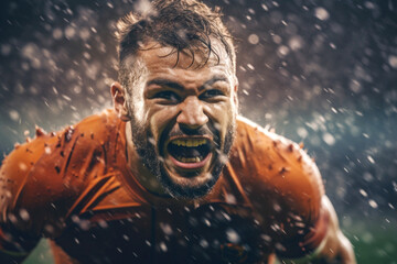 Portrait of champion athlete on stadium , emotions of a winner, joy, delight, emotional, rain,...