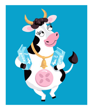 Cute funny cow walk with bags of milk. Vector illustration, cartoon animal character. Isolated colour icon for design.