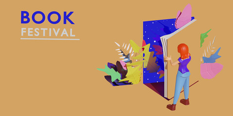 Book festival concept. Young woman opening a huge open book surrounding the many leaves, plants. Back to school, library concept design. 3d illustration, poster and banner