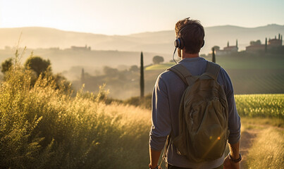 Male hiker traveling, walking alone Italian Tuscan Landscape view under sunset light, man traveler enjoys with backpack hiking in mountains. Travel, adventure, relax, recharge concept..