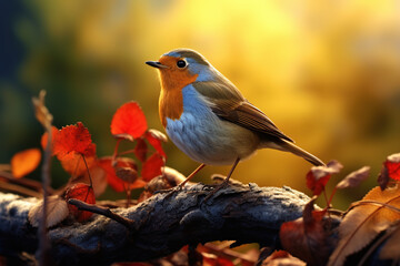 European robin bird in autumn park. Generative AI