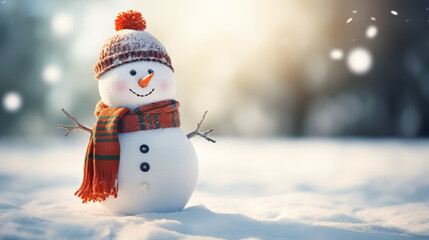 Obraz premium Happy snowman in a winter landscape.Seasons greetings