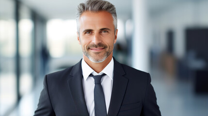 Naklejka premium A happy handsome proud stylish mid aged mature professional business man ceo, successful confident smiling good looking male executive wearing suit standing in office