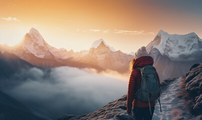 Female hiker traveling, walking alone in Himalayas under sunset light. Woman traveler enjoys with backpack hiking in mountains. Travel, adventure, relax, recharge concept..