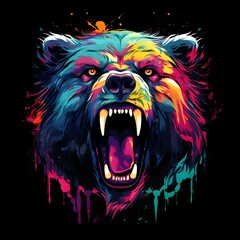 Colorful poster with angry bear portrait isolated on black background
