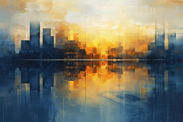Modern dawn brilliant city light abstract oil painting with bold strokes in blue and orange color for Living room bedroom aisle fashion decor, Generative AI