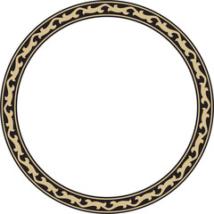 Vector golden and black round Kazakh national ornament. Ethnic pattern of the peoples of the Great Steppe, Mongols, Kyrgyz, Kalmyks, Buryats. circle, frame border..
