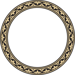 Vector golden and black round Kazakh national ornament. Ethnic pattern of the peoples of the Great Steppe, .Mongols, Kyrgyz, Kalmyks, Buryats. circle, frame border.