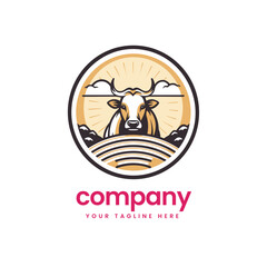 round emblem cow cart bull cattle dairy farm pet mascot emblem sports logo illustration icon flat t shirt design
