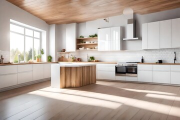 modern kitchen interior with sunny rays