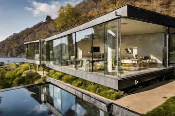 modernes neues Haus mit riesigem swimming pool und mit lanpen an, herrliche Stimmung, am Abend