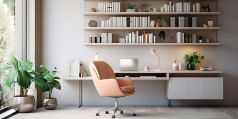 Contemporary furnished home office, comfortable office, workspace with desk and chair, stylish interior design