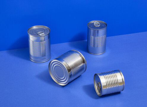 ?anned meat and fish on the table. Long term food storage.