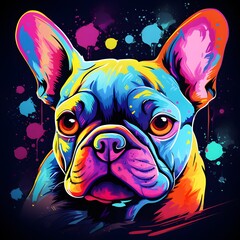 Colorful poster with french bulldog in vector design style isolated on black background