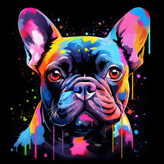 Colorful poster with french bulldog in vector design style isolated on black background