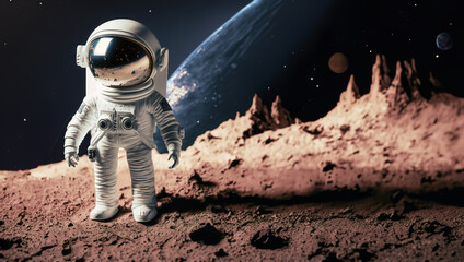 immagine primo piano di astronauta nella tuta spaziale sulla superficie di una luna aliena, spazio scuro e pianeti sullo sfondo - obrazy, fototapety, plakaty
