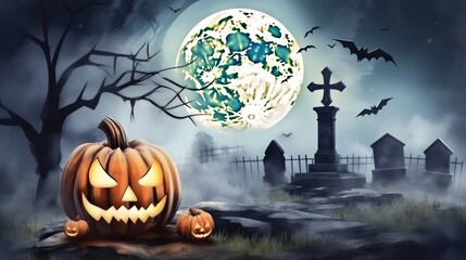 Halloween background, moon, pumpkin,castle,