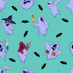 Pattern with a funny ghosts. Design for Halloween. Cartoon characters for comics and postcards – ghosts. Halloween design Background. Vector image