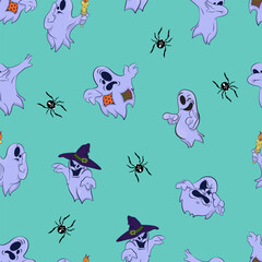Pattern with a funny ghosts. Design for Halloween. Cartoon characters for comics and postcards – ghosts. Halloween design Background. Vector image