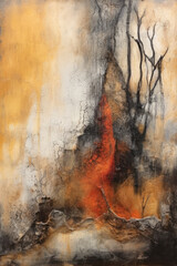 abstract painting on paper with orange and brown colors, ethereal wood, weathered materials, eroded interiors, Generative AI