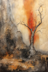 abstract painting on paper with orange and brown colors, ethereal wood, weathered materials, eroded interiors, Generative AI